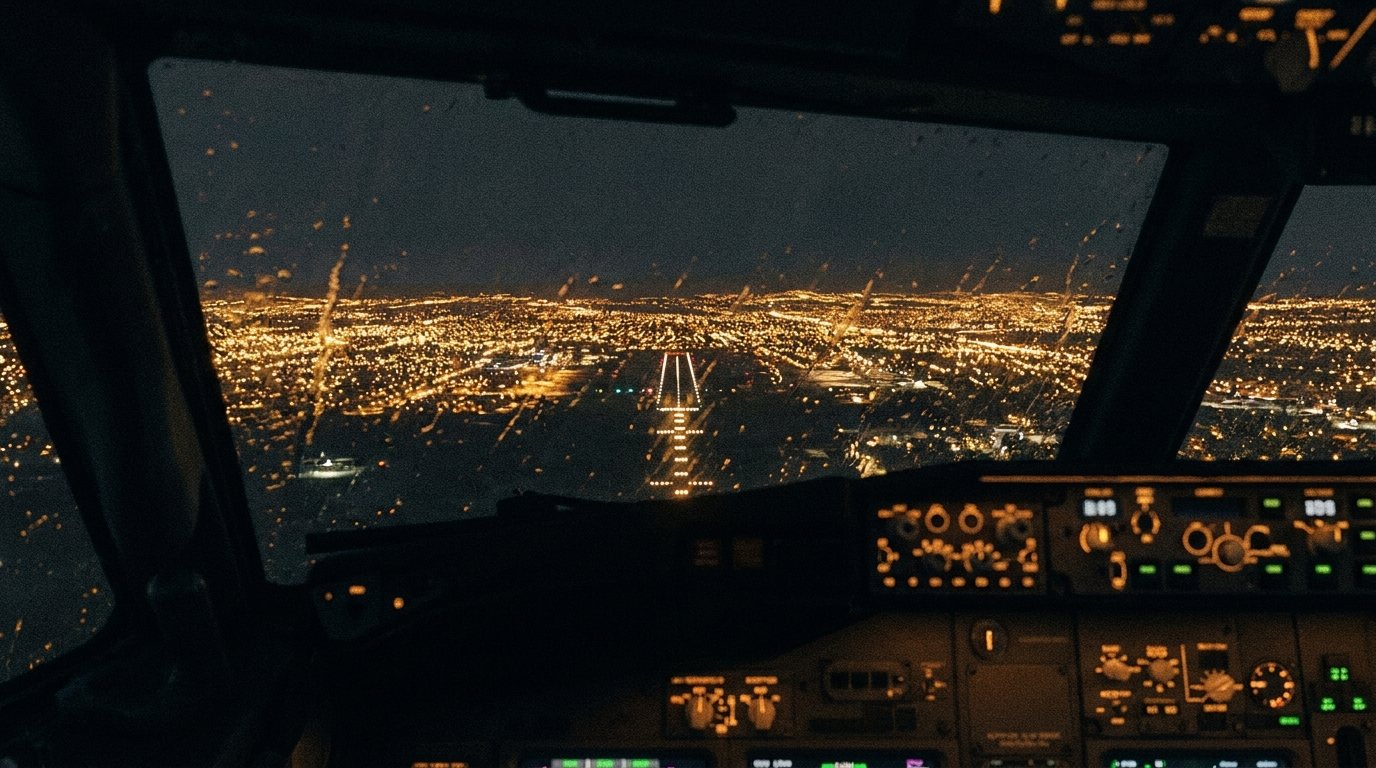 Night approach into a golden city